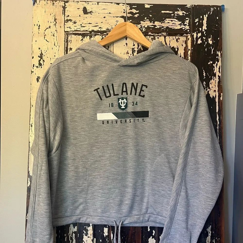 Gray Tulane University crop bottom tie  Hoodie. Back cutout. Women XL